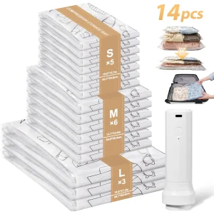 14Pcs Air Vacuum Bags with Rechargeable Pump Reusable Space Saver