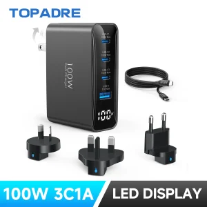 100W USB C Travel Charger, 4-Ports Foldable Travel Adapter Plug